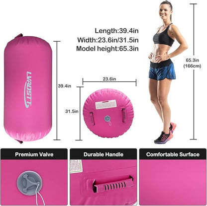 Gymnastics Tumbling Equipment Inflatable Air Roller Balance Cylinder with Pump, 0.6mm High-Density PVC, Air Barrel Trainer for Back Handspring, Cheerleading, Yoga & Gym Multiple Sizes 2.6FT–4FT Length