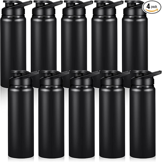 CHENGU 4 Pcs Aluminum Water Bottle 25oz Aluminum Reusable Bottles Lightweight Snap Lid Sports Water Multipack Easy Carry Leak Proof Travel for Gym Camping Hiking Outdoor Fishing (Black)