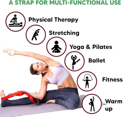 sport2people Stretching Strap for Yoga, Flexibility, Rehabilitation - 2 Free Exercise Ebooks - Get Flexible with 12-Loop Stretch Band for Rehab, Recommended by Physical Therapists and Trainers