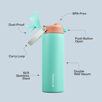 Insulated Water Bottle with Straw - Encool Stainless Steel Water Bottle with Push Button Lid, Leak-Proof & BPA-Free, Keeps Cold for 24 Hours for Sports, Travel, Gym (24 oz, Turquoise)