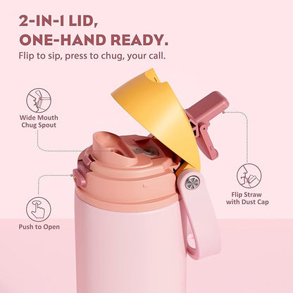 POWCAN 18 oz Insulated Water Bottle with Straw: 2-in-1 Push-Button Spout & Quick-Flip Straw, Leakproof, Cold 24Hrs, Fits Car Cup Holder, Stainless Sports Bottle for Gym, Travel Gift (Peach Store)