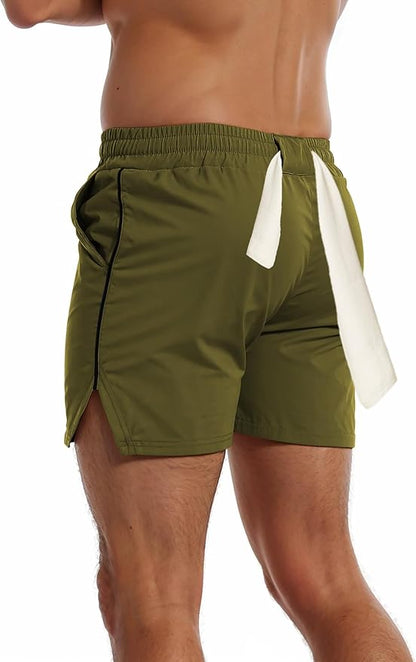 FLYFIREFLY Men's Gym Workout Shorts Quick Dry Lightweight Athletic Shorts Running Bodybuilding Training with Towel Loop