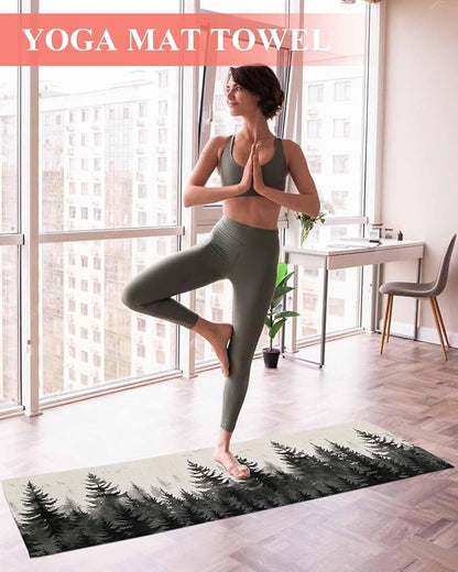 Forest Birds Yoga Mat Towel with Corner Pockets for Hot Yoga Non Slip,Absorbent Yoga Blankets Soft Gym Sweat Working Out Fitness Pilates Towels 74"x26" Vintage Pine Tree Animal Landscape Beige