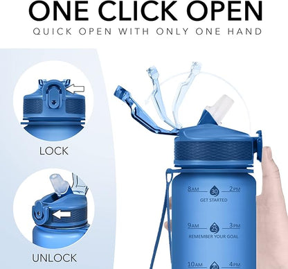 Water Bottle with Straw, Motivational 32 oz Water Bottles with Time Marker & No Sweat Sleeve, BPA Free Leak Proof Gym Bottle with Times to Drink