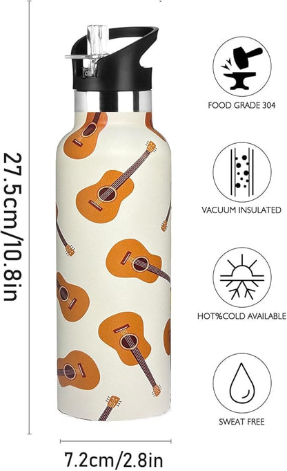 Music Guitar Sport Water Bottle with Straw, Vacuum Insulated Stainless Steel Thermal Drinking Travel Mug Cups For Gym Fitness Camping-20oz/600ml
