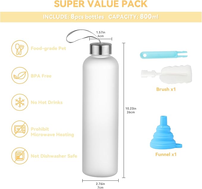 novelinks 8 Pack 27OZ Frosted Water Bottles with Stainless Steel Silver Lid,Leakproof Gym Bottles, Reusable Sport Water Jug for Fitness Camping Office