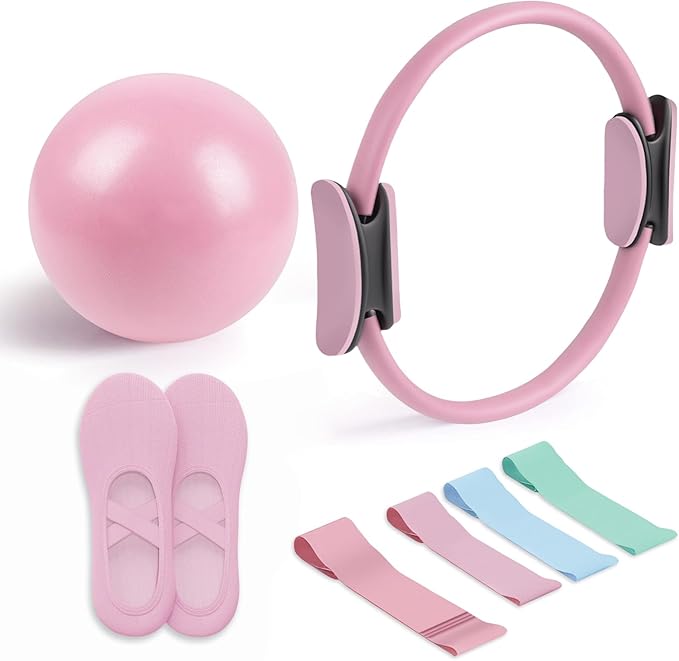Pilates Essential Kit - Portable Fitness Equipment - with Toning Pilates Ring & Long Resistance Bands & Pilates Loop Bands & Soft Pilates Ball & Pilates Grip Socks