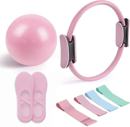 Pilates Essential Kit - Portable Fitness Equipment - with Toning Pilates Ring & Long Resistance Bands & Pilates Loop Bands & Soft Pilates Ball & Pilates Grip Socks (Pink)