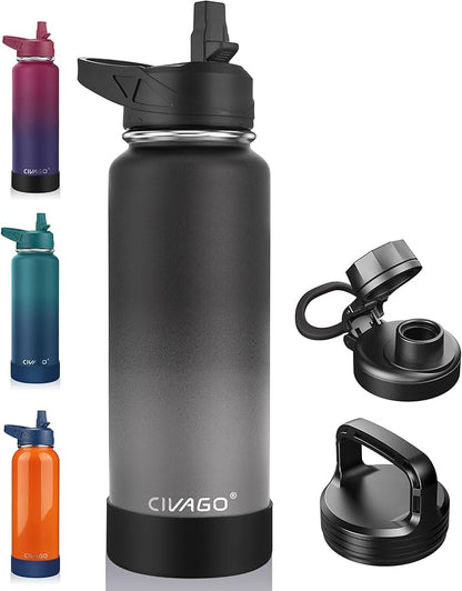 CIVAGO 40 oz Insulated Water Bottle With Straw, Stainless Steel Sports Water Flask Cup with 3 Lids (Straw, Portable Spout and Handle Lid), Double Walled Travel Thermal Canteen Mug, Classic Omber Gray