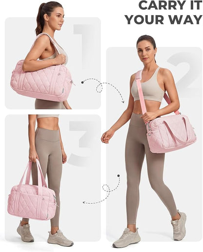 Percover Women Gym Bag with Toiletry Organizer Pouch, Quilted Workout Duffle with Compartments for Daily Fitness & Yoga, Locker-Friendly Soft Carry, Blush Pink