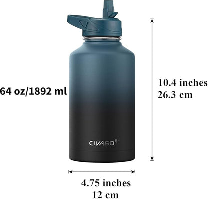 CIVAGO 64 oz Insulated Water Bottle With Straw, Half Gallon Stainless Steel Sports Water Flask Jug with 3 Lids (Straw, Spout and Handle Lid), Large Metal Thermal Cup Mug, Dark Rainbow