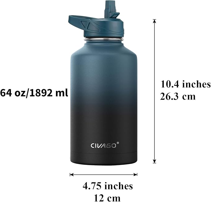 CIVAGO 64 oz Insulated Water Bottle With Straw, Half Gallon Stainless Steel Sports Water Flask Jug with 3 Lids (Straw, Spout and Handle Lid), Large Metal Thermal Cup Mug, Sage