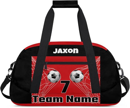 Custom Team Name Number Sports Soccer Bag for Boys, Personalized Gym Bag Sports Travel Duffle Bag Tote Carry On Weekend Sports Travel Workout Bag, 3D Effect Soccer Geometric Blue Pattern