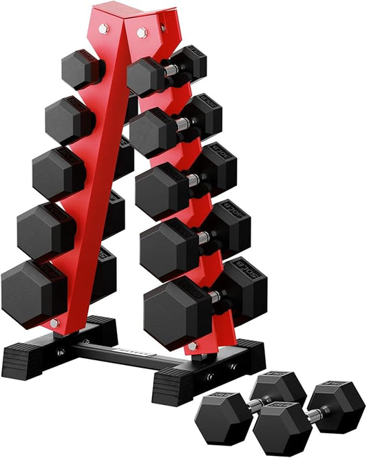 RitFit 250LB/300LB/350LB/550LB/650LB Rubber Hex Dumbbell Sets with Weights Rack, Multiple Color Choices Available, Great Gym Equipment for Home, Strength Training, Workouts