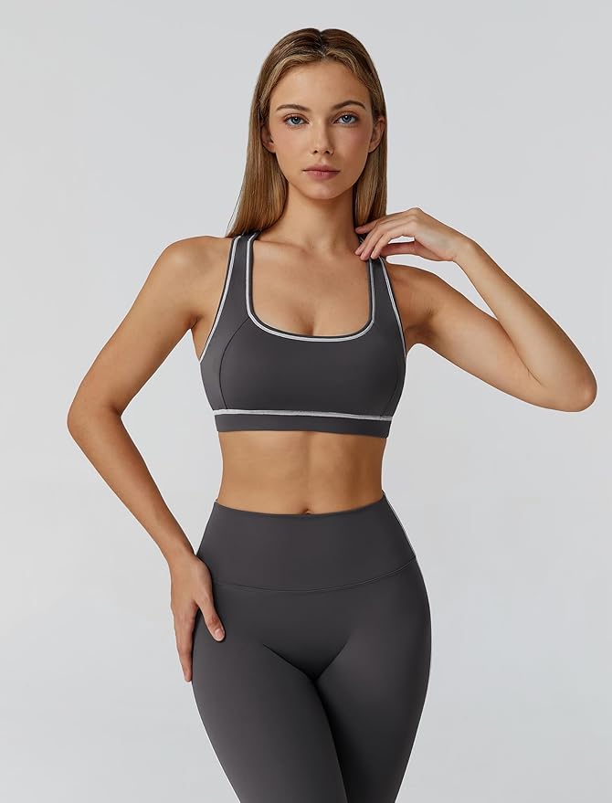 Womens workout sets Contrast Long Sleeve Jacket with Sports Bra and Butt-lifting Pants Yoga Outfits 3 Pieces Set