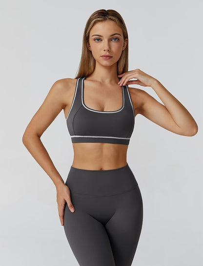 Womens workout sets Contrast Long Sleeve Jacket with Sports Bra and Butt-lifting Pants Yoga Outfits 3 Pieces Set