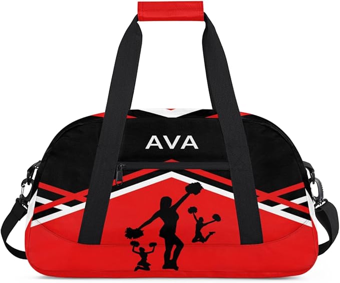 Personalized Cheerleading Dance Bag for Girls, Custom Name Sport Barrel Gym Bag Weekender Bags Carry On Travel Duffel Workout Training Bag, Red Black Cheerleaders Silhouette