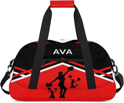 Personalized Cheerleading Dance Bag for Girls, Custom Name Sport Barrel Gym Bag Weekender Bags Carry On Travel Duffel Workout Training Bag, Red Black Cheerleaders Silhouette