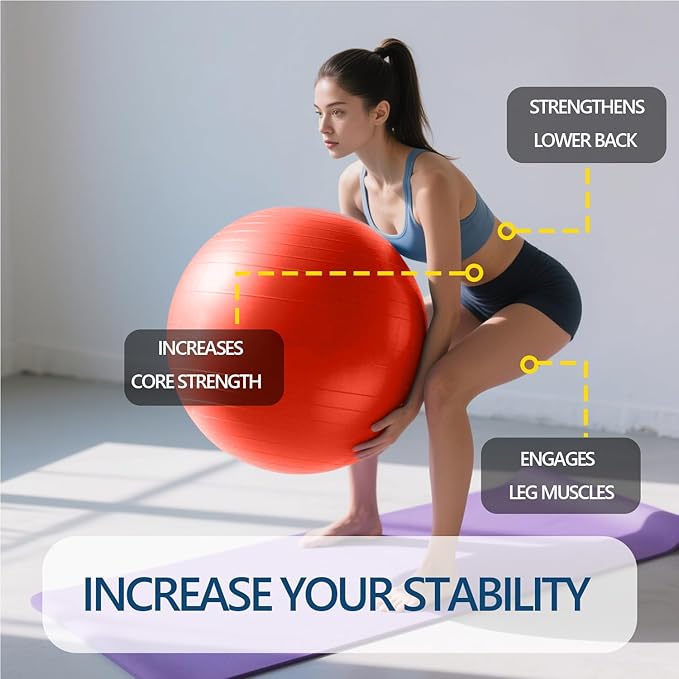 Exercise & Pilates Yoga Ball Anti-Burst and Slip Resistant - for Fitness, Pregnancy, Stability, Balance, Core Workout - Red Training Ball w/Quick Pump for Home Office Gym