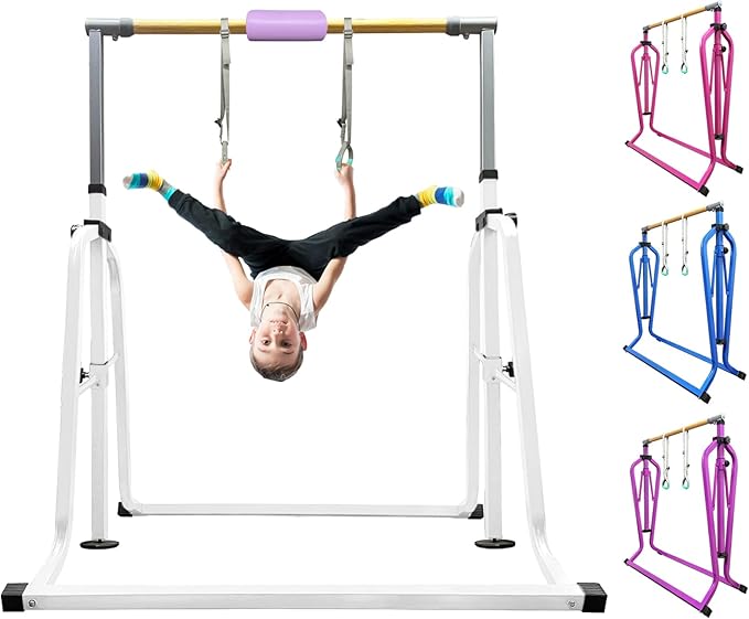 Foldable & Moveable Gymnastics Horizontal Bar with Rings,3’to 5’Adjustable Height Expandable Junior Kip Bar for Home,Indoor Gym Equipment for Kids