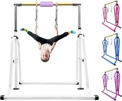 Foldable & Moveable Gymnastics Horizontal Bar with Rings,3’to 5’Adjustable Height Expandable Junior Kip Bar for Home,Indoor Gym Equipment for Kids