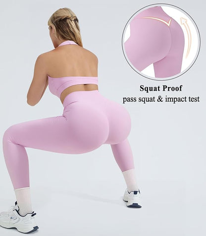 OMKAGI 2 Piece Workout Sets for Women Halter Sports Bras Gym Sets Booty Leggings Outfits