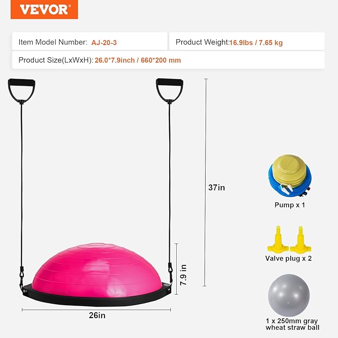 VEVOR Half Exercise Ball Trainer, 23/26 inch Balance Ball Trainer, 1500lbs Capacity Stability Ball, Yoga Ball with Resistance Bands & Foot Pump, Strength Fitness Ball for Home Gym Full Body Workout