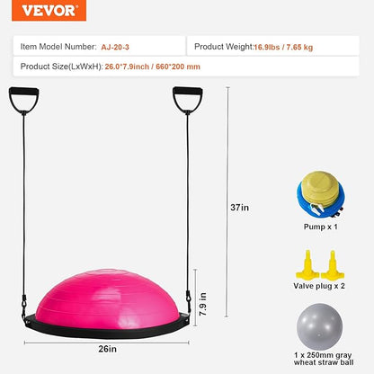 VEVOR Half Exercise Ball Trainer, 23/26 inch Balance Ball Trainer, 1500lbs Capacity Stability Ball, Yoga Ball with Resistance Bands & Foot Pump, Strength Fitness Ball for Home Gym Full Body Workout
