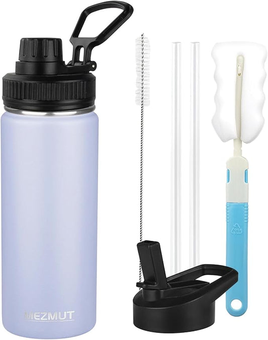 Insulated Water Bottle 18oz Stainless Steel Water Bottles with Straw&2 Lids, Kids Metal Cups Water Bottle Cup for School, Vacuum Insulated Bottles Leak-Proof Travel Cup, Purple