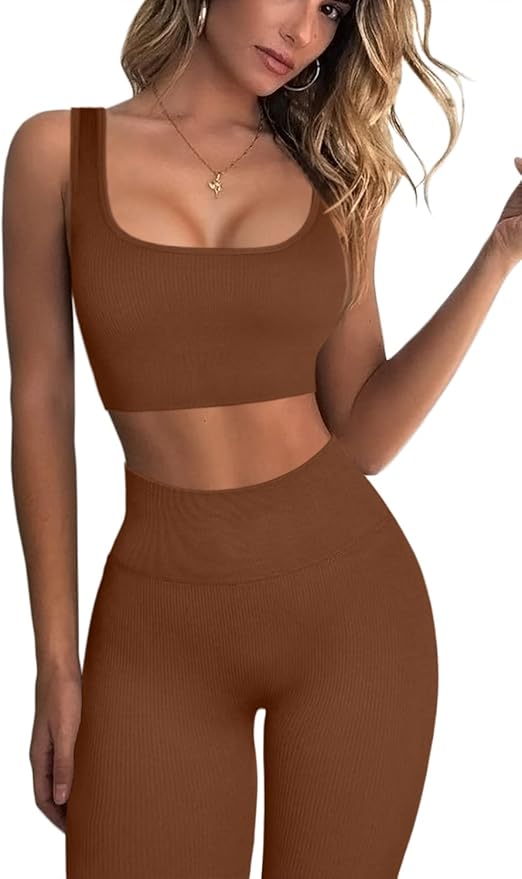FAFOFA Ribbed Workout Outfits for Women 2 Piece Seamless Sport Bra High Waist Yoga Leggings Sets