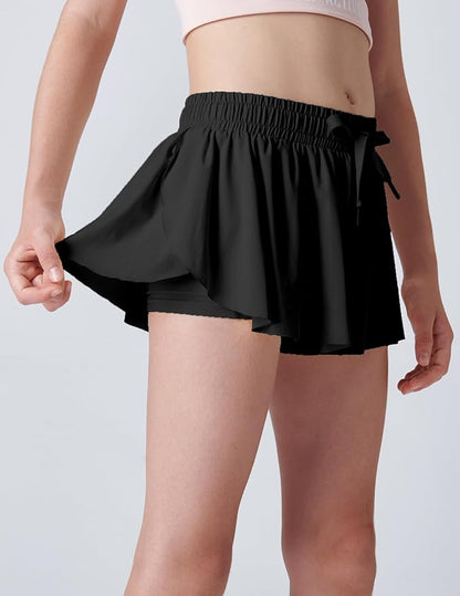 3 Pack Girls Flowy Shorts with Spandex Liner 2-in-1 Youth Butterfly Skirts for Fitness, Running, Sports
