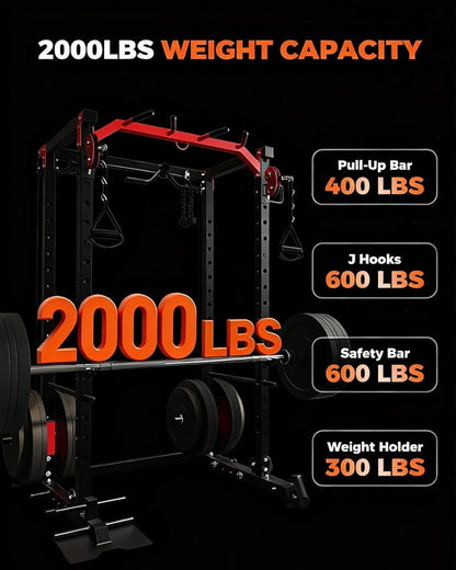 Power Cage, All-in-1 Home Gym with LAT Pulldown & Cable System, 2000LBS Squat Rack for Home & Garage & Apartment Use, Workout Cage with More Attachments