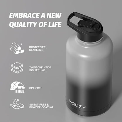 64oz Insulated Water Bottle (Cold for 48 Hrs),BPA Free&Leak Proof,Half Gallon Stainless Steel Water Flask,Water Jug with Straw Spout Lids for Gym,Hiking,Camping,Grey Black