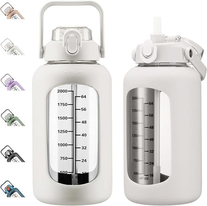 kytffu 84oz Glass Water Bottle with Straw, 2.5 Liter Large Water Bottle with Silicone Sleeve and OZ Marker, Wide Mouth Gallon Glass Bottle with 2-in-1 Lid, Leakproof Water Jug for Gym Home, White