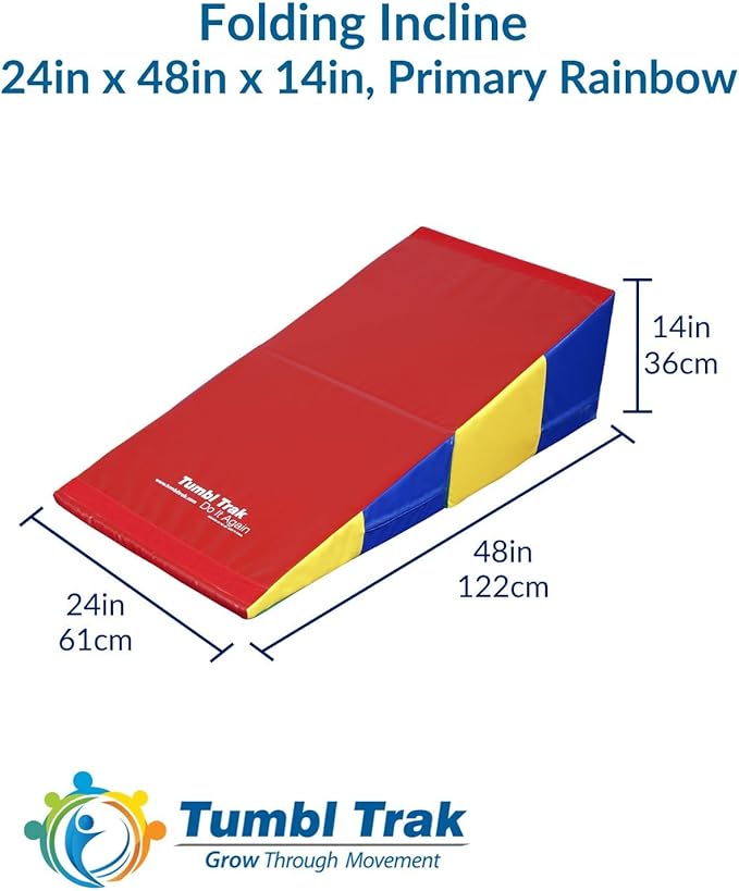 Folding Incline for Pediatric Occupational Therapy - Stimulates Balance, Core Activation, and Proprioceptive Input (Primary Rainbow, 24 in x 48 in x 14 in)