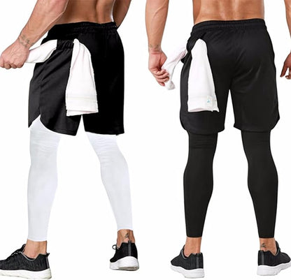 OEBLD Mens 2 in 1 Athletic Running Pants Quick Dry Gym Workout Shorts for Men Compression Pants with Pockets