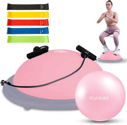 Half Balance Ball Trainer, Inflatable 19/23 Inch Half Exercise Ball with Resistance Bands and Pilates Ball, Non-Slip 660lbs Capacity Yoga Ball for Home Gym Full Body Workouts