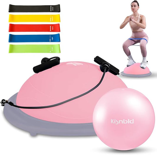 Half Balance Ball Trainer, Inflatable 19/23 Inch Half Exercise Ball with Resistance Bands and Pilates Ball, Non-Slip 660lbs Capacity Yoga Ball for Home Gym Full Body Workouts
