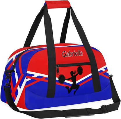 Custom Cheer Cheerleader Bag, Customized Travel Dancing Gym Barrel Bag with Name Camping Carry On Overnight Duffel Bag, Red Royal Blue Black Cheerleader Silhouette