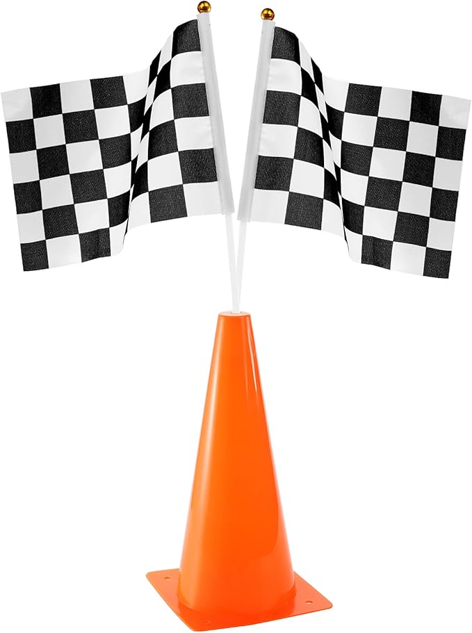 Bekith 12 Pack 12.5 Inch Plastic Traffic Cones with Racing Chequered Flags, Orange Agility Sports Cones, Thick Soccer Training Cones for Outdoor Activity, Festive Events, Fitness Training