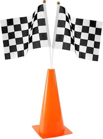 Bekith 12 Pack 12.5 Inch Plastic Traffic Cones with Racing Chequered Flags, Orange Agility Sports Cones, Thick Soccer Training Cones for Outdoor Activity, Festive Events, Fitness Training