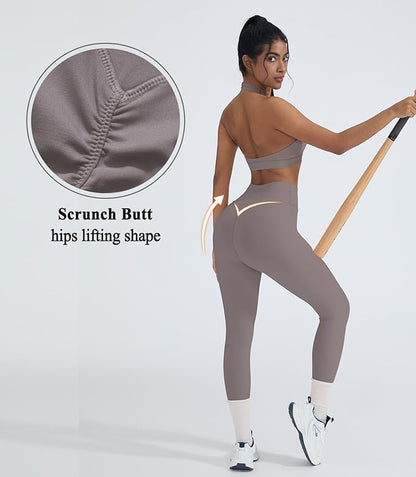 OMKAGI 2 Piece Workout Sets for Women Halter Sports Bras Gym Sets Booty Leggings Outfits