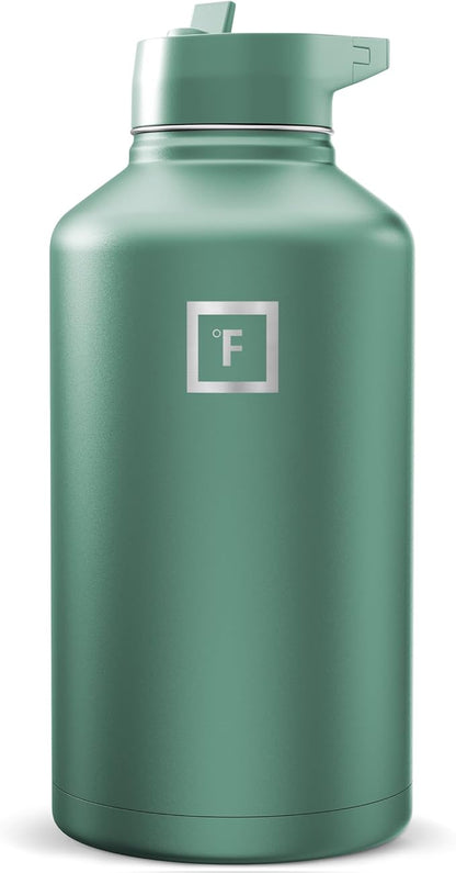 IRON °FLASK Camping & Hiking Hydration Flask with Straw, Wide Mouth Insulated Stainless Steel Sports Water Bottle - Sage 64 oz - Straw (1 Lid)