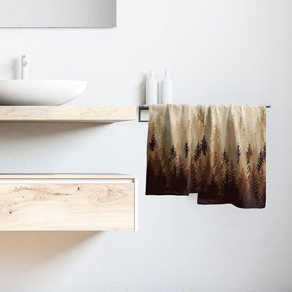 Brown Yellow Misty Forest Hand Towels Set of 2 Fall Mountain Woodland Decorative Bath Towel Nature Pine Trees Foggy Landscape Thin Kitchen Tea Dish Towels for Bathroom Spa Gym
