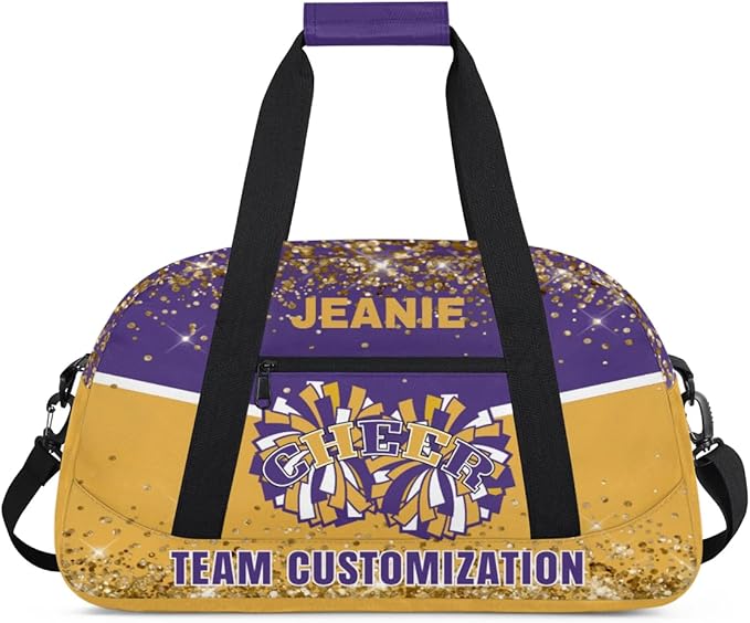 Personalized Cheer Gym Bags for Girls Kids Cheerleaders with Custom Name Sport Dance Perform Training Duffel Bags for Overnight Weekender Travel Purple Yellow