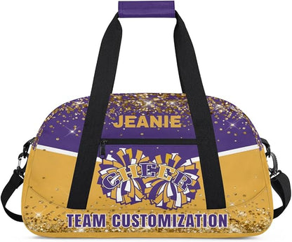 Personalized Cheer Gym Bags for Girls Kids Cheerleaders with Custom Name Sport Dance Perform Training Duffel Bags for Overnight Weekender Travel Purple Yellow