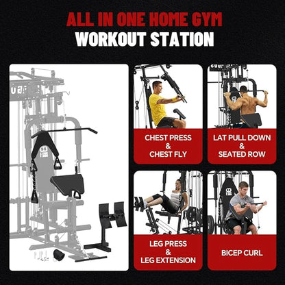 All in One Home Gym System Workout Station, Multi-Function Smithe Machine Power Cage with Cable Crossover System, Tripe-Sided Independent Load Posts, Functional Trainer for Full Body Training
