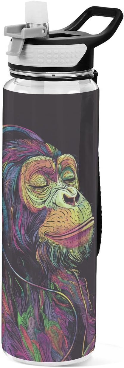 Fustylead Neon Monkey with Headphones Listening To Music 32oz Water Bottle with Straw, Leakproof Clear Sport Water Bottles for Gym Camping Hiking Travel