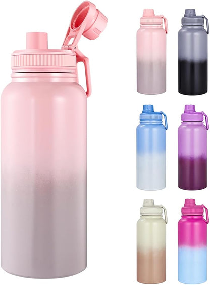 Water Bottle 32oz - Leakproof & BPA Free Sports Water Bottle Carry Strap for Gym, Travel and Outdoor Sports (Stainless steel insulation-Pink)