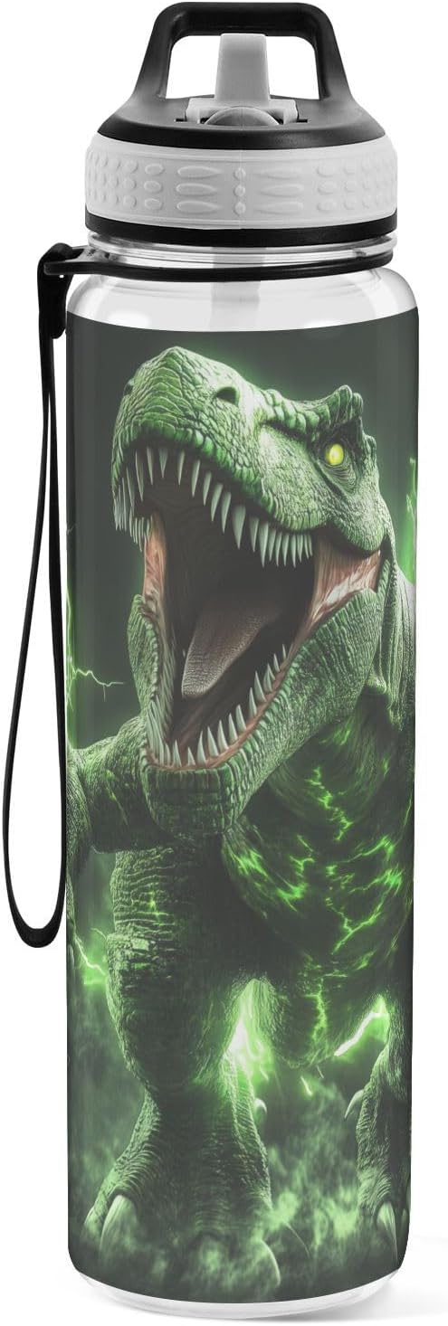 Fustylead 3d Angry Green Dinosaur 32oz Water Bottle with Straw, Leakproof Clear Sport Water Bottles for Gym Camping Hiking Travel
